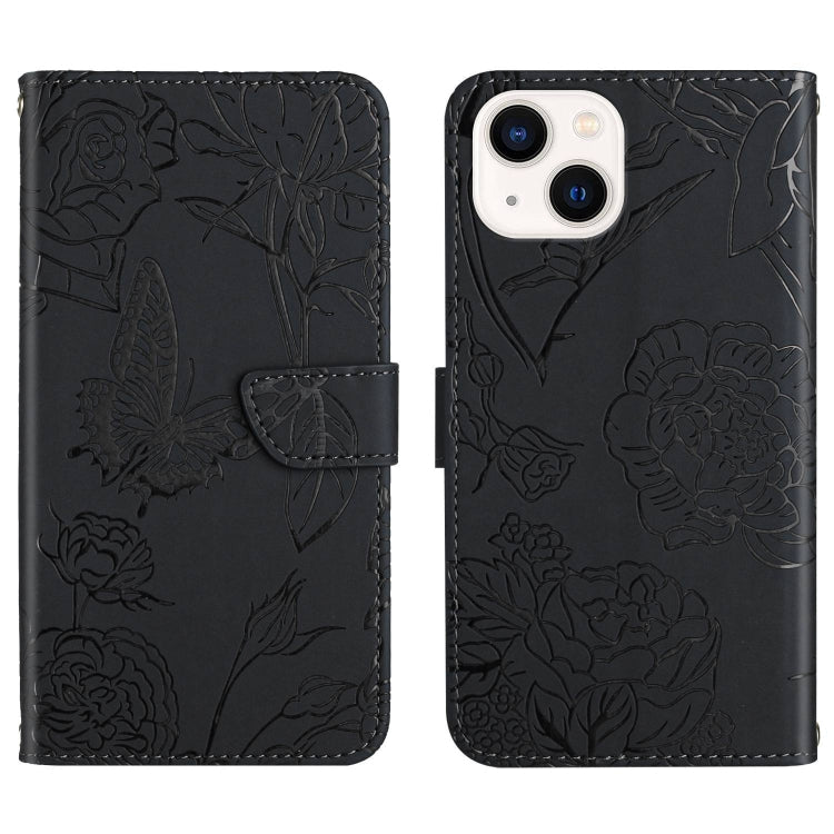 Skin Feel Butterfly Peony Embossed Leather Phone Case, For iPhone 14, For iPhone 14 Plus, For iPhone 14 Pro, For iPhone 14 Pro Max