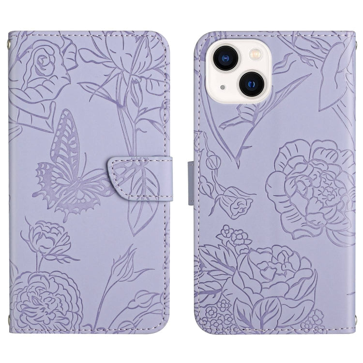 Skin Feel Butterfly Peony Embossed Leather Phone Case, For iPhone 14, For iPhone 14 Plus, For iPhone 14 Pro, For iPhone 14 Pro Max