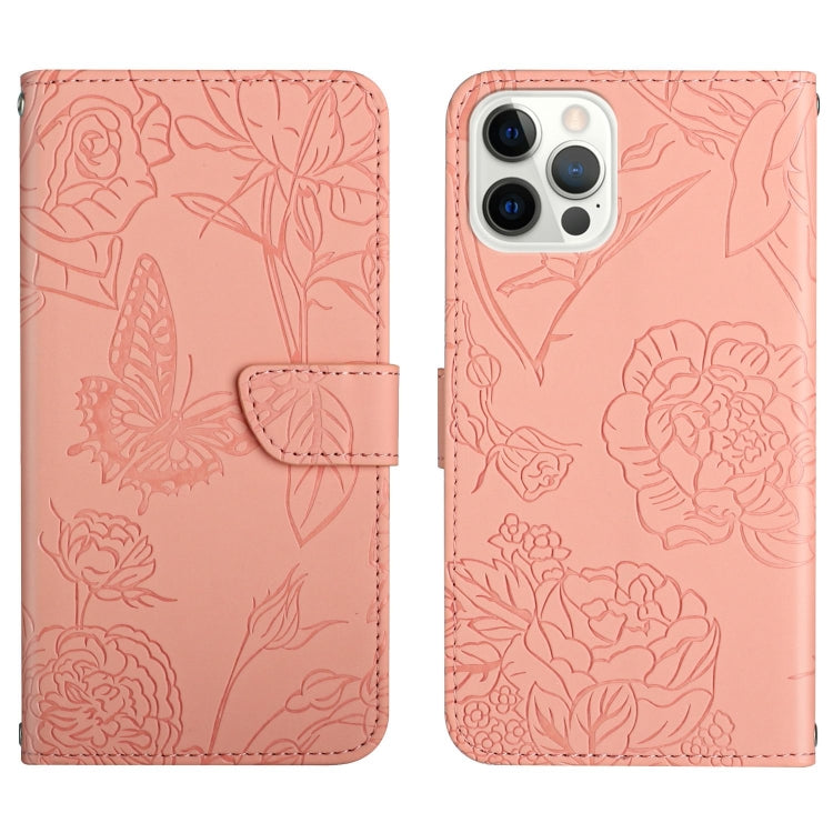 Skin Feel Butterfly Peony Embossed Leather Phone Case, For iPhone 14, For iPhone 14 Plus, For iPhone 14 Pro, For iPhone 14 Pro Max