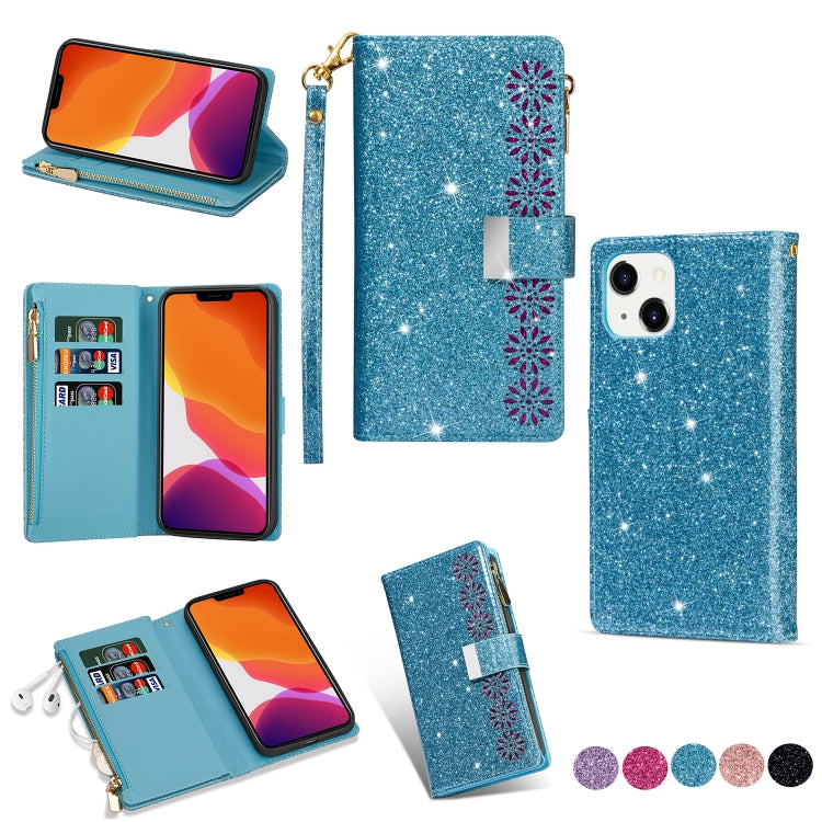 Multi-card Slots Laser Carving Glitter Zipper Leather Case, For iPhone 14, For iPhone 14 Max, For iPhone 14 Pro, For iPhone 14 Pro Max
