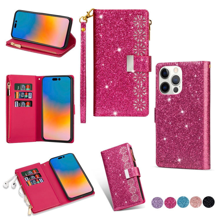 Multi-card Slots Laser Carving Glitter Zipper Leather Case, For iPhone 14, For iPhone 14 Max, For iPhone 14 Pro, For iPhone 14 Pro Max