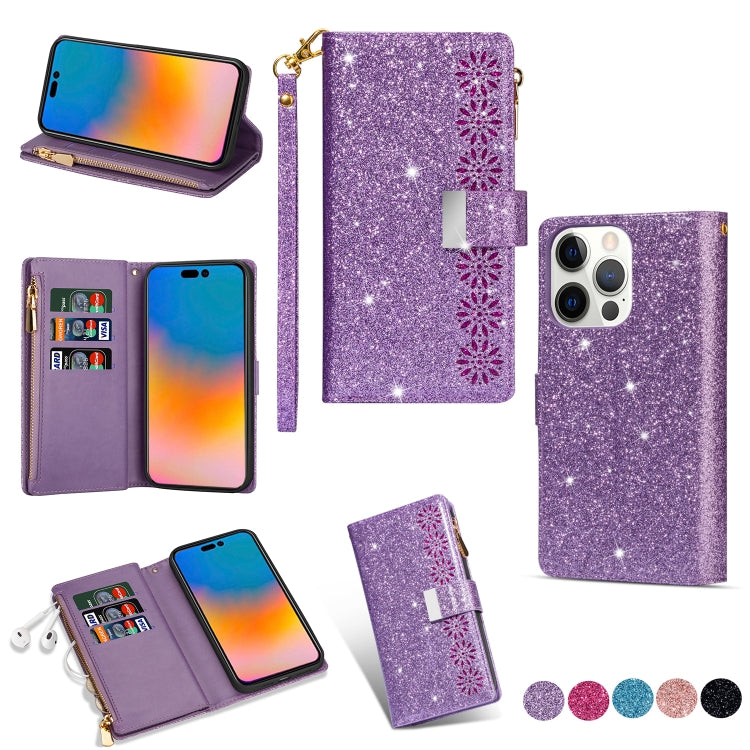 Multi-card Slots Laser Carving Glitter Zipper Leather Case, For iPhone 14, For iPhone 14 Max, For iPhone 14 Pro, For iPhone 14 Pro Max
