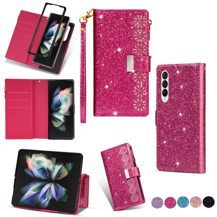 Multi-card Slots Laser Carving Glitter Zipper Leather Case, For Samsung Galaxy Z Fold 4