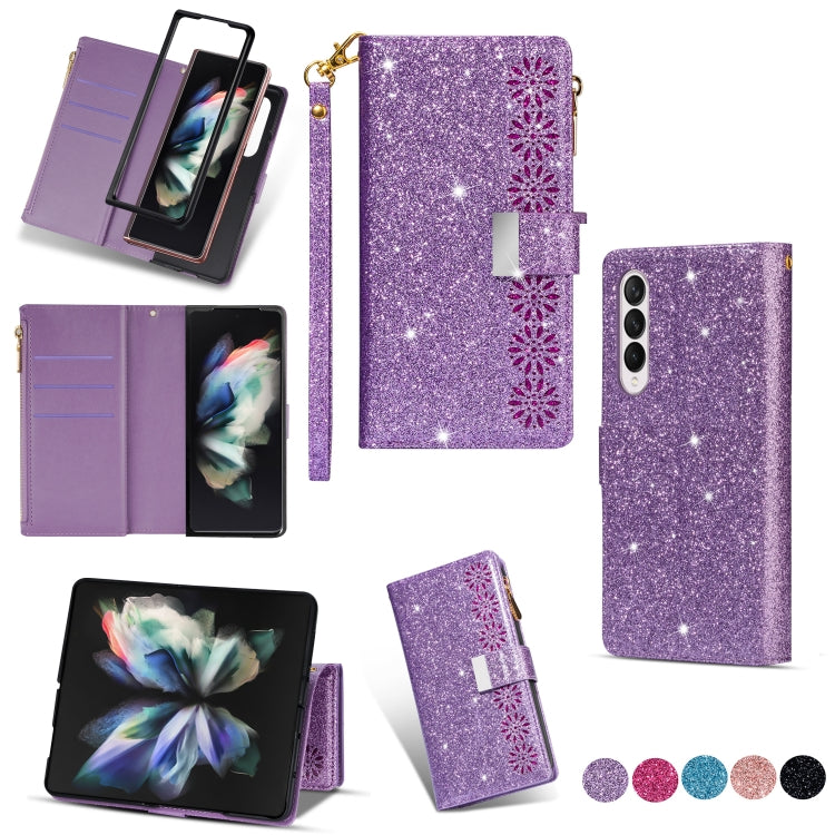 Multi-card Slots Laser Carving Glitter Zipper Leather Case, For Samsung Galaxy Z Fold 4