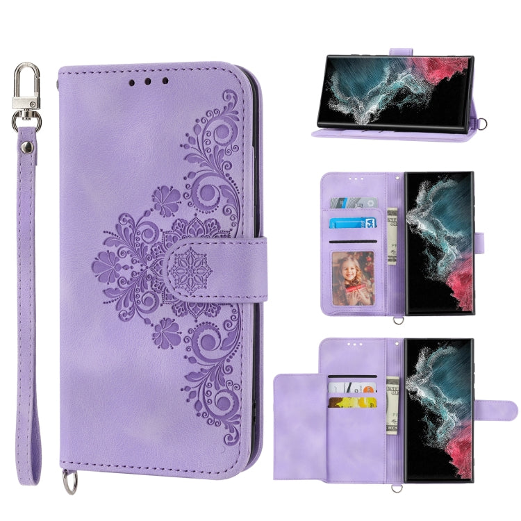 Skin-feel Flowers Embossed Wallet Leather Phone Case, For Samsung Galaxy S21+ 5G, For Samsung Galaxy S21 5G, For Samsung Galaxy S22 Ultra 5G, For Samsung Galaxy S22+ 5G