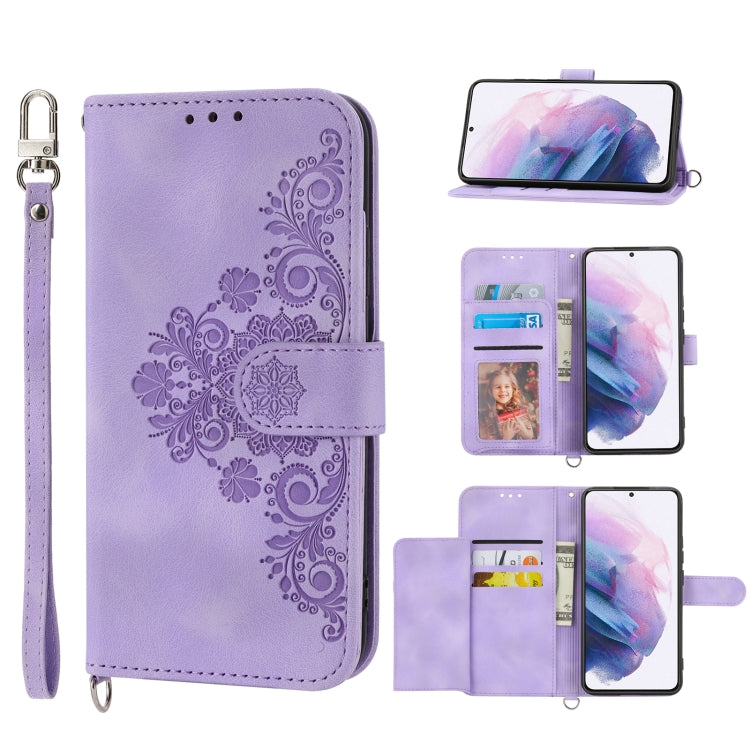 Skin-feel Flowers Embossed Wallet Leather Phone Case, For Samsung Galaxy S21+ 5G, For Samsung Galaxy S21 5G, For Samsung Galaxy S22 Ultra 5G, For Samsung Galaxy S22+ 5G