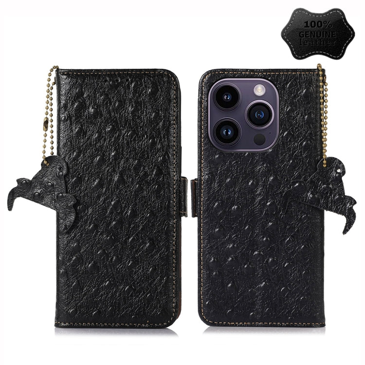 Ostrich Pattern Genuine Leather RFID Phone Case, For iPhone 14 Pro, For iPhone 14 Pro Max