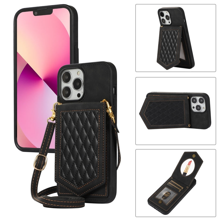Rhombic Texture RFID Phone Case with Lanyard & Mirror, For iPhone 13 Pro Max, For iPhone 13 Pro, For iPhone 13, For iPhone 13 mini