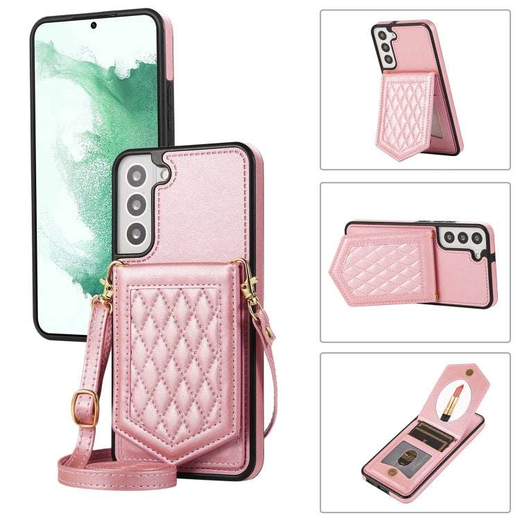 Rhombic Texture RFID Phone Case with Lanyard & Mirror, For Samsung Galaxy S21 FE 5G, For Samsung Galaxy S22 Ultra 5G