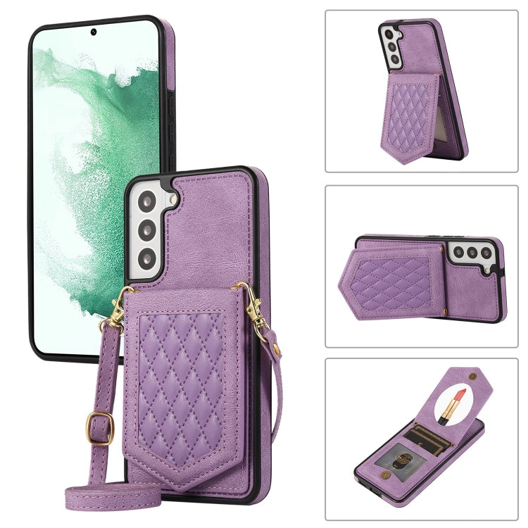 Rhombic Texture RFID Phone Case with Lanyard & Mirror, For Samsung Galaxy S21 FE 5G, For Samsung Galaxy S22 Ultra 5G