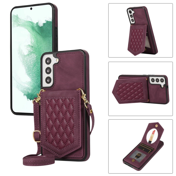 Rhombic Texture RFID Phone Case with Lanyard & Mirror, For Samsung Galaxy S21 FE 5G, For Samsung Galaxy S22 Ultra 5G