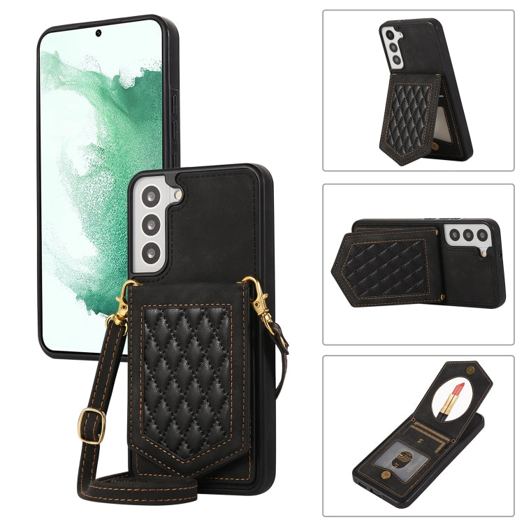 Rhombic Texture RFID Phone Case with Lanyard & Mirror, For Samsung Galaxy S21 FE 5G, For Samsung Galaxy S22 Ultra 5G