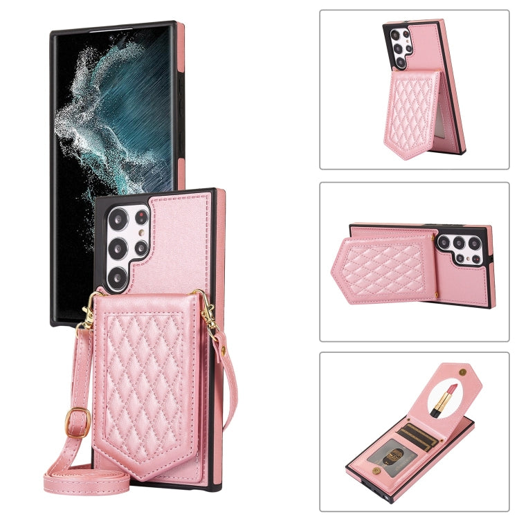 Rhombic Texture RFID Phone Case with Lanyard & Mirror, For Samsung Galaxy S21 FE 5G, For Samsung Galaxy S22 Ultra 5G