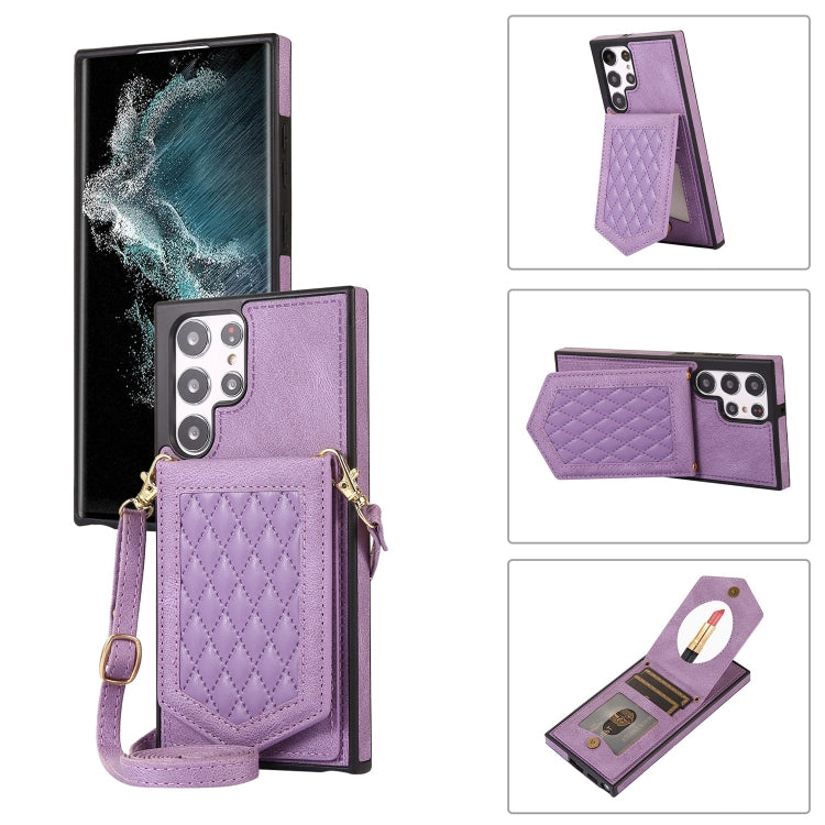 Rhombic Texture RFID Phone Case with Lanyard & Mirror, For Samsung Galaxy S21 FE 5G, For Samsung Galaxy S22 Ultra 5G