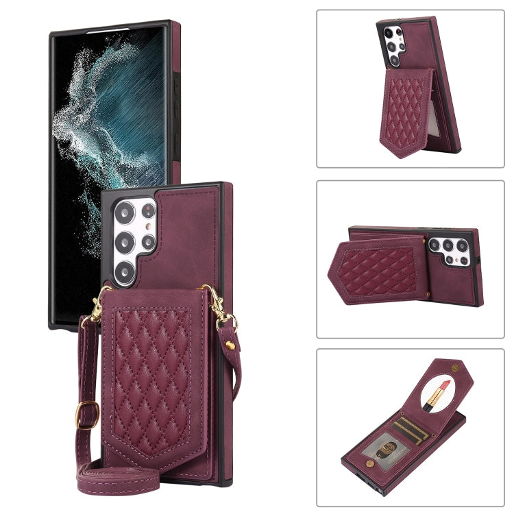 Rhombic Texture RFID Phone Case with Lanyard & Mirror, For Samsung Galaxy S21 FE 5G, For Samsung Galaxy S22 Ultra 5G