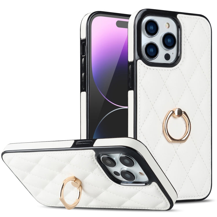 Rhombic PU Leather Phone Case with Ring Holder, For iPhone 14, For iPhone 14 Plus, For iPhone 14 Pro