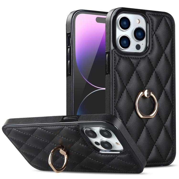 Rhombic PU Leather Phone Case with Ring Holder, For iPhone 14, For iPhone 14 Plus, For iPhone 14 Pro