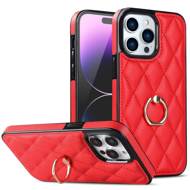 Rhombic PU Leather Phone Case with Ring Holder, For iPhone 14, For iPhone 14 Plus, For iPhone 14 Pro