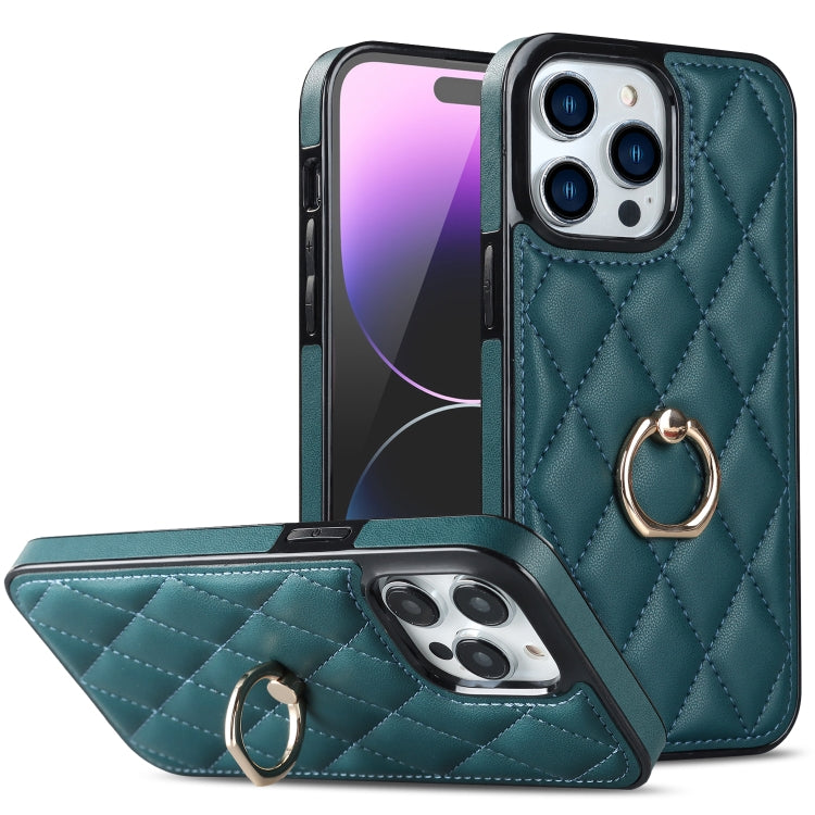 Rhombic PU Leather Phone Case with Ring Holder, For iPhone 14, For iPhone 14 Plus, For iPhone 14 Pro
