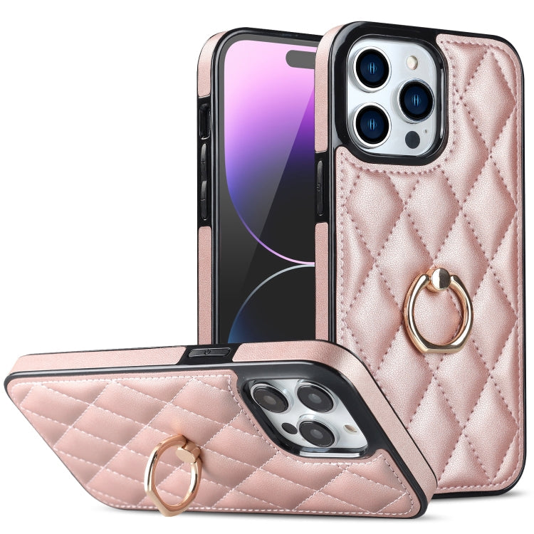Rhombic PU Leather Phone Case with Ring Holder, For iPhone 14, For iPhone 14 Plus, For iPhone 14 Pro