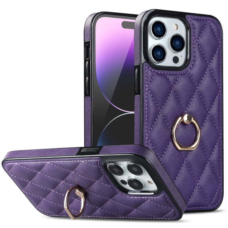 Rhombic PU Leather Phone Case with Ring Holder, For iPhone 14, For iPhone 14 Plus, For iPhone 14 Pro