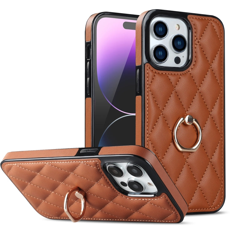 Rhombic PU Leather Phone Case with Ring Holder, For iPhone 14, For iPhone 14 Plus, For iPhone 14 Pro