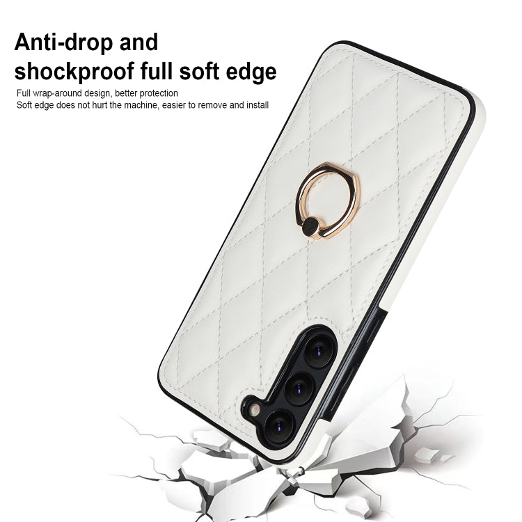 Rhombic PU Leather Phone Case with Ring Holder, For Samsung Galaxy S23 5G, For Samsung Galaxy S23+ 5G, For Samsung Galaxy S23 Ultra 5G