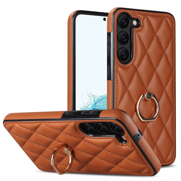 Rhombic PU Leather Phone Case with Ring Holder, For Samsung Galaxy S23 5G, For Samsung Galaxy S23+ 5G, For Samsung Galaxy S23 Ultra 5G