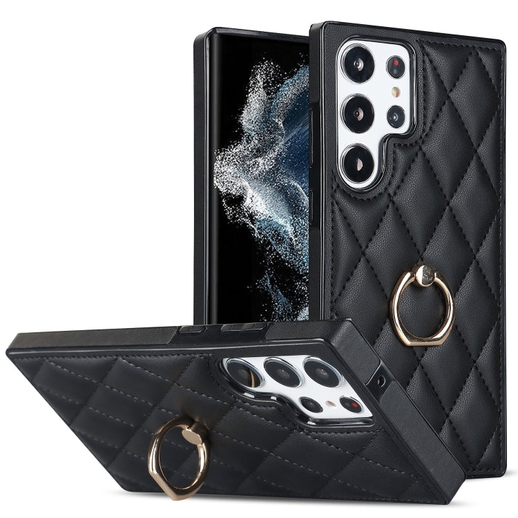 Rhombic PU Leather Phone Case with Ring Holder, For Samsung Galaxy S23 5G, For Samsung Galaxy S23+ 5G, For Samsung Galaxy S23 Ultra 5G