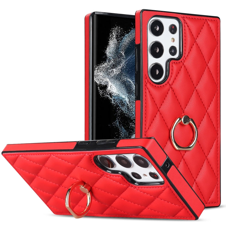 Rhombic PU Leather Phone Case with Ring Holder, For Samsung Galaxy S23 5G, For Samsung Galaxy S23+ 5G, For Samsung Galaxy S23 Ultra 5G