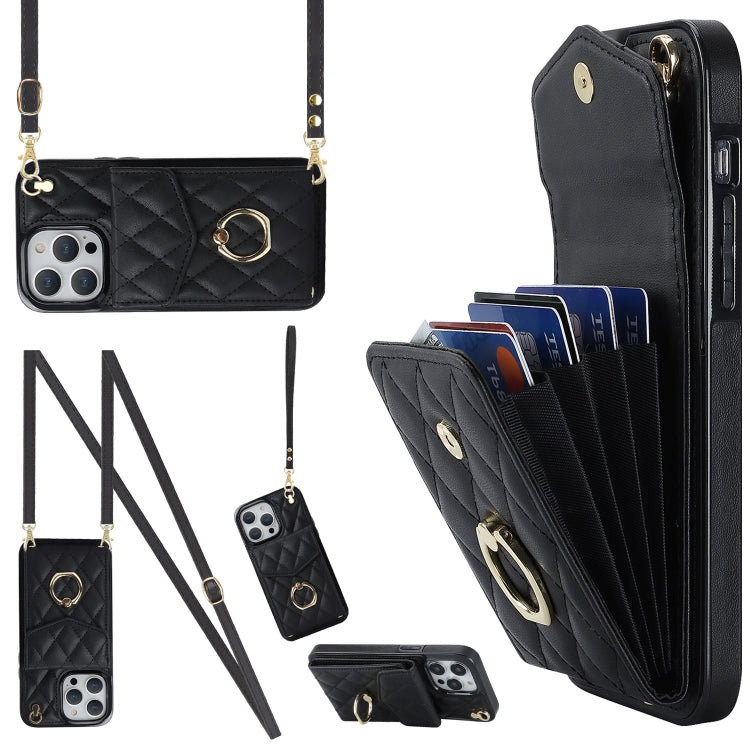 Rhombic Texture Card Bag Phone Case with Long Lanyard, For iPhone 13, For iPhone 12 / 12 Pro, For iPhone 12 Pro Max