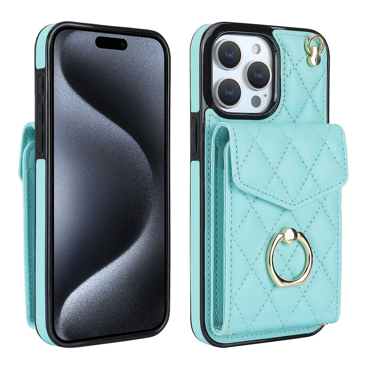 Rhombic Texture Card Bag Phone Case with Long Lanyard, For iPhone 15 Pro, For iPhone 15 Plus, For iPhone 15