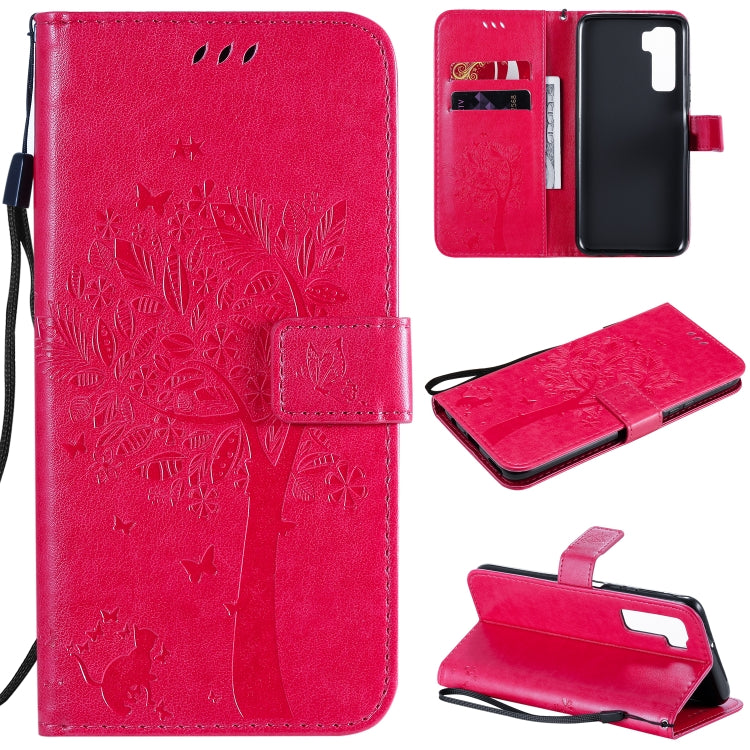 Tree & Cat Embossed Pattern Horizontal Flip Leather Case with Holder & Card Slots & Wallet & Lanyard, For Huawei Nova 7 SE, For Huawei Nova 7