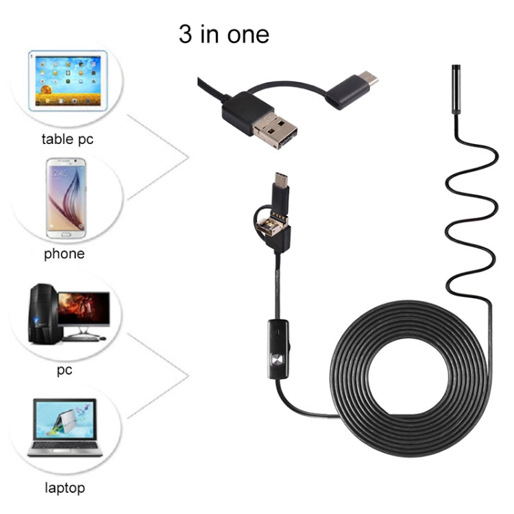 AN100 3 in 1 IP67 Waterproof USB-C / Type-C + Micro USB + USB HD Endoscope Snake Tube Inspection Camera for Parts of OTG Function Android Mobile Phone, with 6 LEDs, 5.5mm, 7mm, 8mm