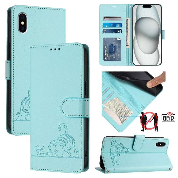 Cat Rat Embossed Pattern RFID Leather Phone Case with Lanyard, For iPhone 11 Pro Max, For iPhone 11, For iPhone 11 Pro, For iPhone XS / X