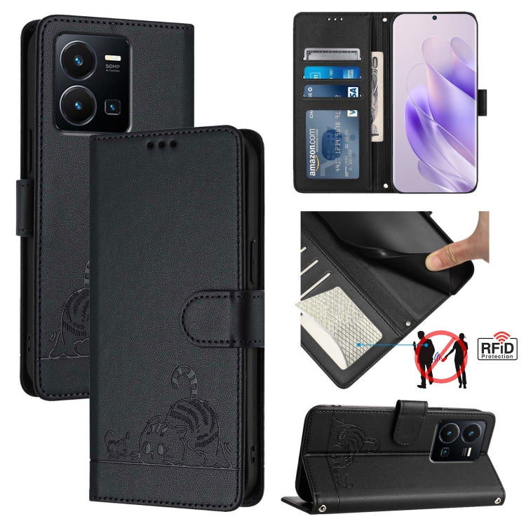 Cat Rat Embossed Pattern RFID Leather Phone Case with Lanyard, For vivo Y27 4G 2023 Global, For vivo Y22 4G Global