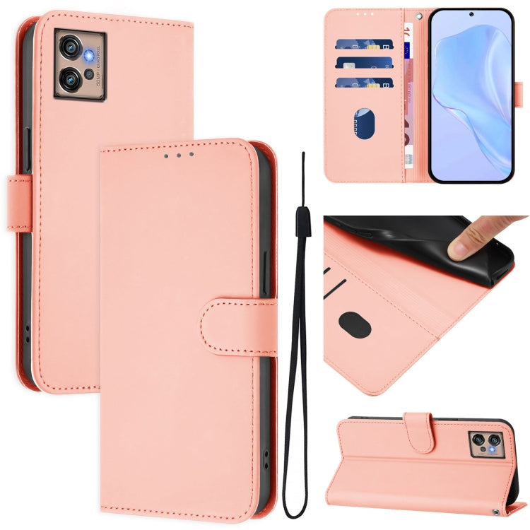 Skin Feel Solid Color Leather Phone Case with Lanyard, For Motorola Moto G32