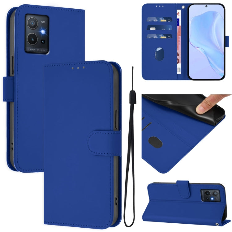 Skin Feel Solid Color Leather Phone Case with Lanyard, For vivo Y55S 2023 5G / Y55 5G Global