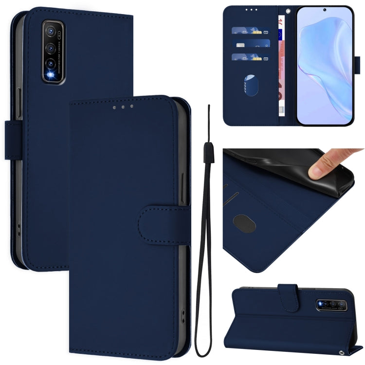 Skin Feel Solid Color Leather Phone Case with Lanyard, For vivo Y70S