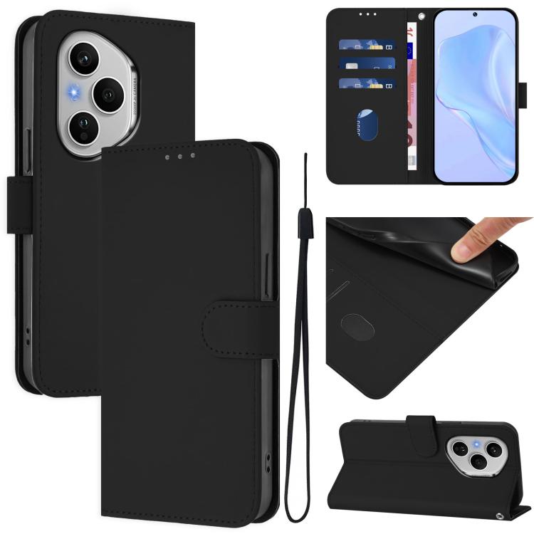 Skin Feel Solid Color Leather Phone Case with Lanyard, For Honor 400 Pro Global 160.8mm