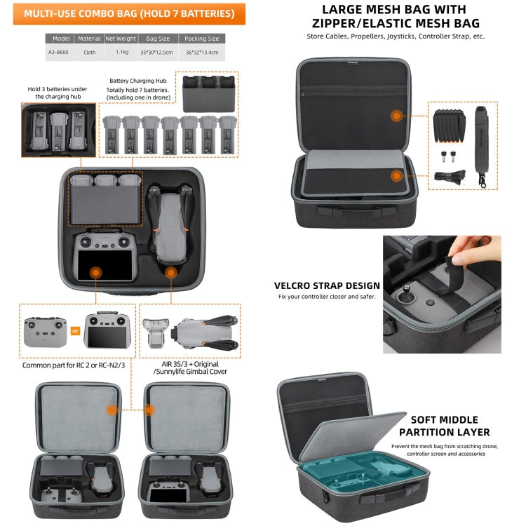 Sunnylife Carrying Case Bag, B657 For DJI RC 2 / 1 Control Bag, A3-B658 Drone Body Bag, A3-B660 Batteries Bag