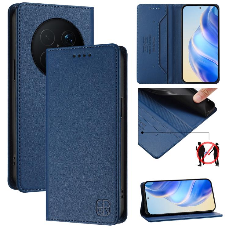 RC01 Dual-Folded Magnetic Suction RFID Leather Phone Case, For Honor Magic8 Pro, For Honor Magic8, For Honor Play 70 Plus