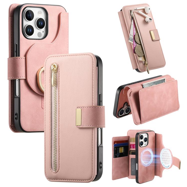 Ring Zipper Wallet RFID Blocking MagSafe Leather Phone Case, For iPhone 17e / 16e, For iPhone 16 Pro Max, For iPhone 16 Pro
