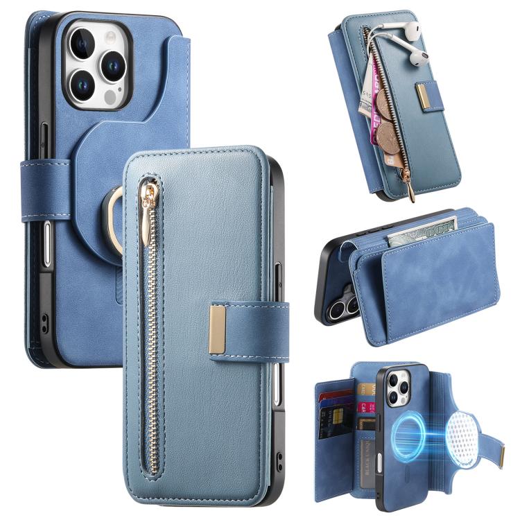 Ring Zipper Wallet RFID Blocking MagSafe Leather Phone Case, For iPhone 17e / 16e, For iPhone 16 Pro Max, For iPhone 16 Pro