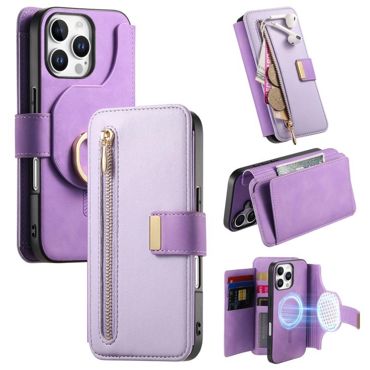 Ring Zipper Wallet RFID Blocking MagSafe Leather Phone Case, For iPhone 17e / 16e, For iPhone 16 Pro Max, For iPhone 16 Pro