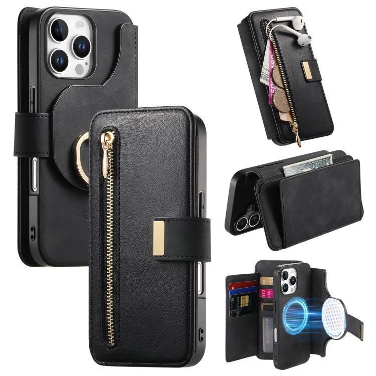 Ring Zipper Wallet RFID Blocking MagSafe Leather Phone Case, For iPhone 17e / 16e, For iPhone 16 Pro Max, For iPhone 16 Pro