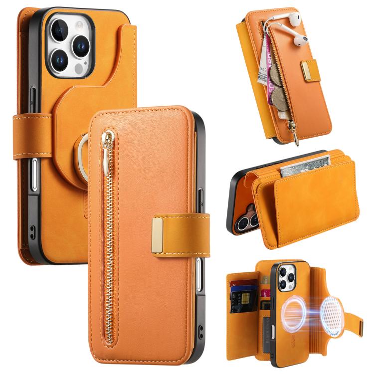Ring Zipper Wallet RFID Blocking MagSafe Leather Phone Case, For iPhone 17e / 16e, For iPhone 16 Pro Max, For iPhone 16 Pro
