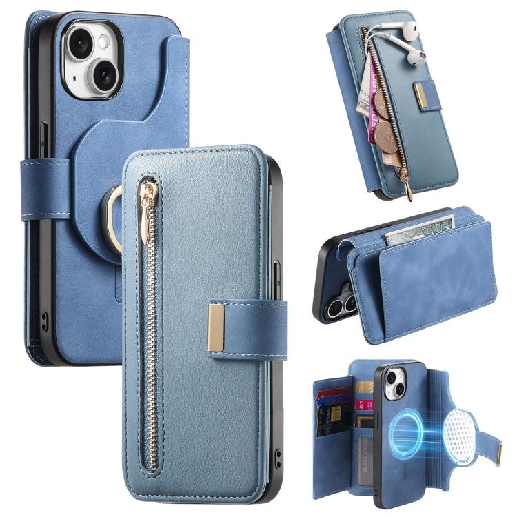 Ring Zipper Wallet RFID Blocking MagSafe Leather Phone Case, For iPhone 14 Plus, For iPhone 14, For iPhone 14 Pro