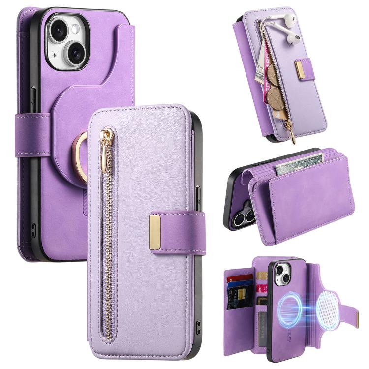 Ring Zipper Wallet RFID Blocking MagSafe Leather Phone Case, For iPhone 14 Plus, For iPhone 14, For iPhone 14 Pro