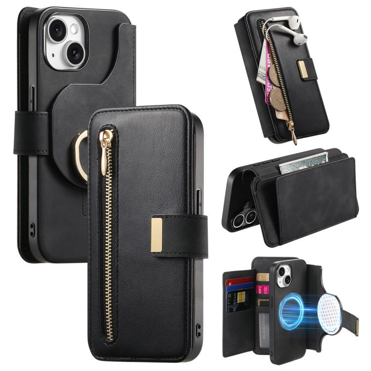 Ring Zipper Wallet RFID Blocking MagSafe Leather Phone Case, For iPhone 14 Plus, For iPhone 14, For iPhone 14 Pro